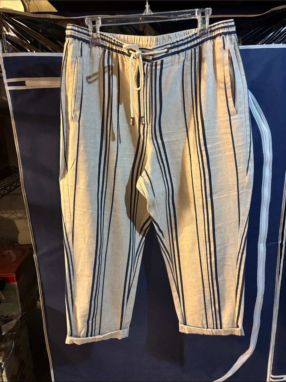 Womens Beige Linen-Blend Drawstring Pants with Navy Stripe